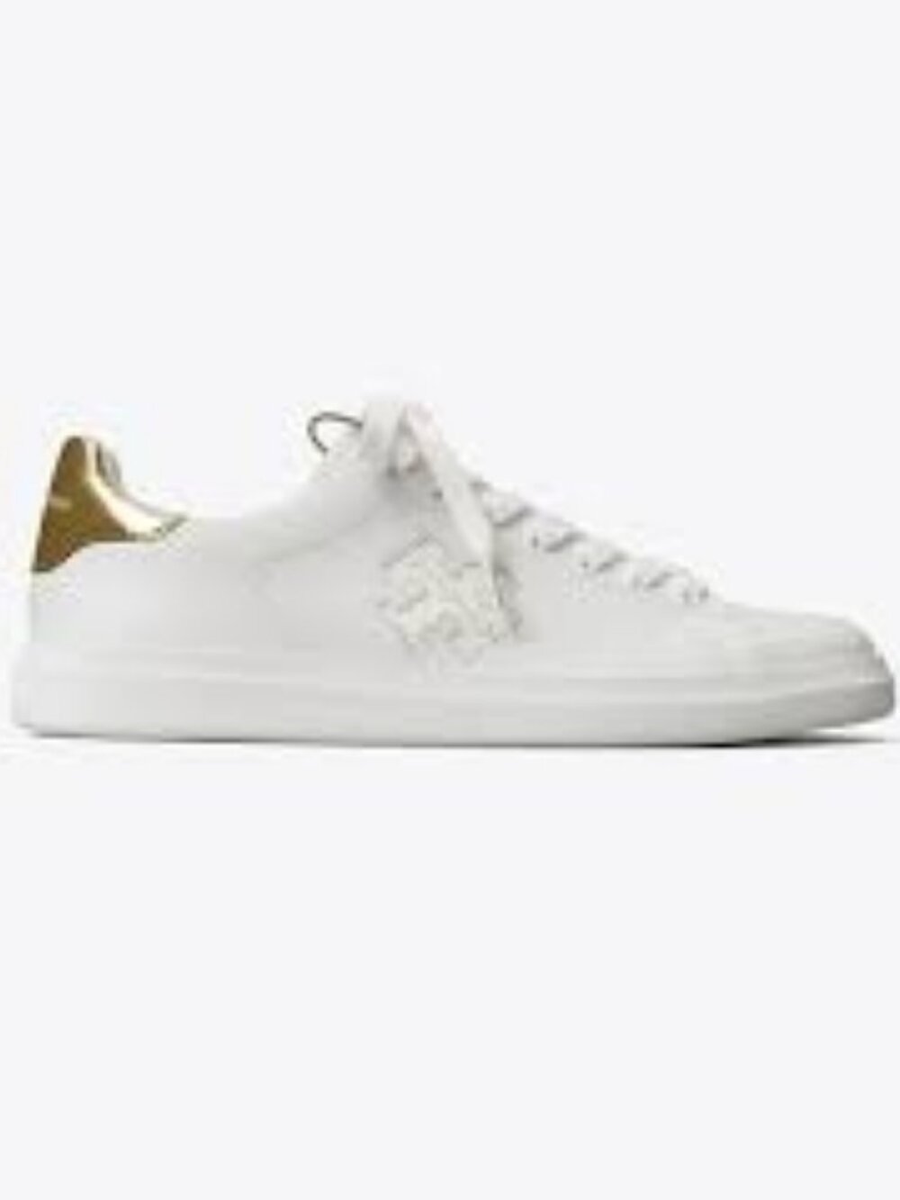 NIB Tory Burch  Double T Howell Court Sneakers titanium white spark gold